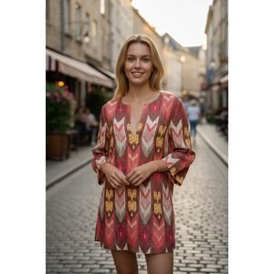 Tory Burch‎ Tunic Top Dress Ikat Geometric Print 3/4 Sleeve Colorful Linen 10